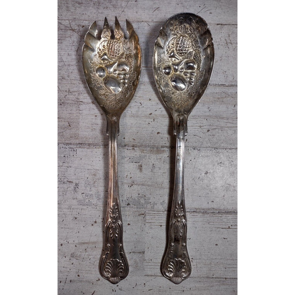 Vintage FB Rogers Italy Ornate Silver Plate Embossed Fruit Serving Spoon & Fork - Picture 1 of 8